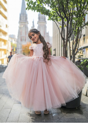 Pink Floral Appliques Tulle Romantic Flower Girl Dress
